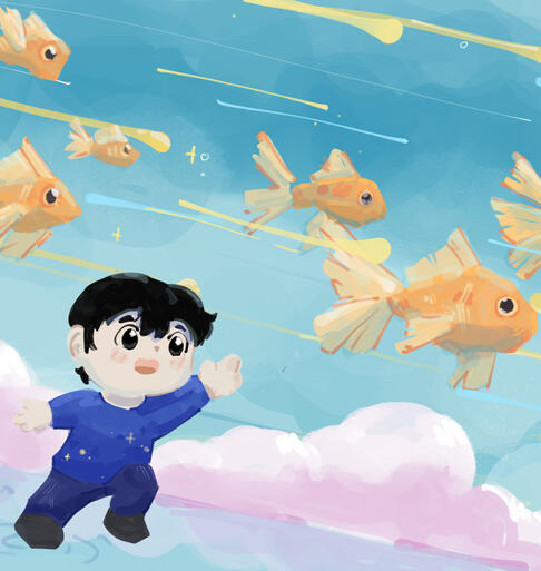 meant to represent my inner child, imagining myself chasing fish across the skies. digital 11-24